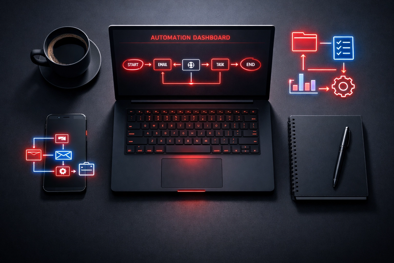 Modern business workspace with automation dashboard managing multiple workflows efficiently