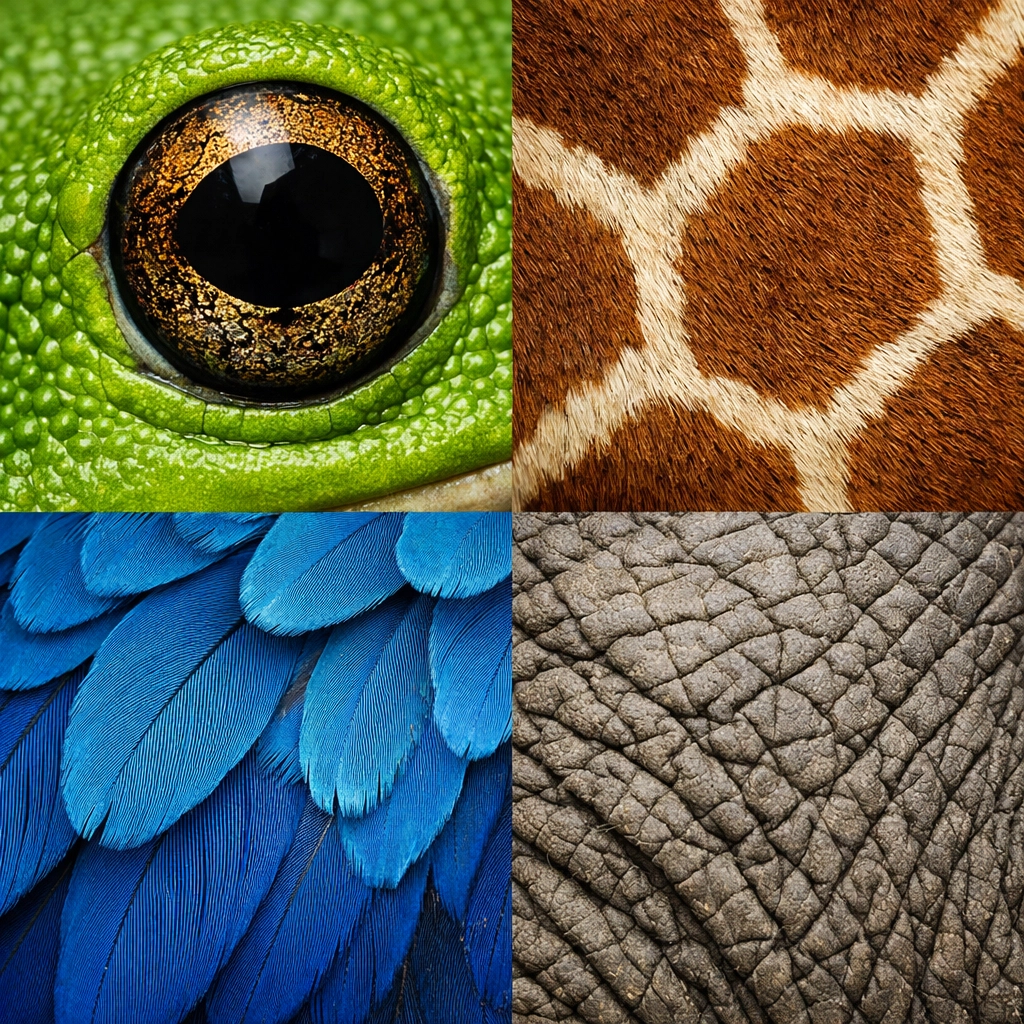 A collage of diverse wildlife textures representing Zoo Imagery's million-asset conservation digital library.