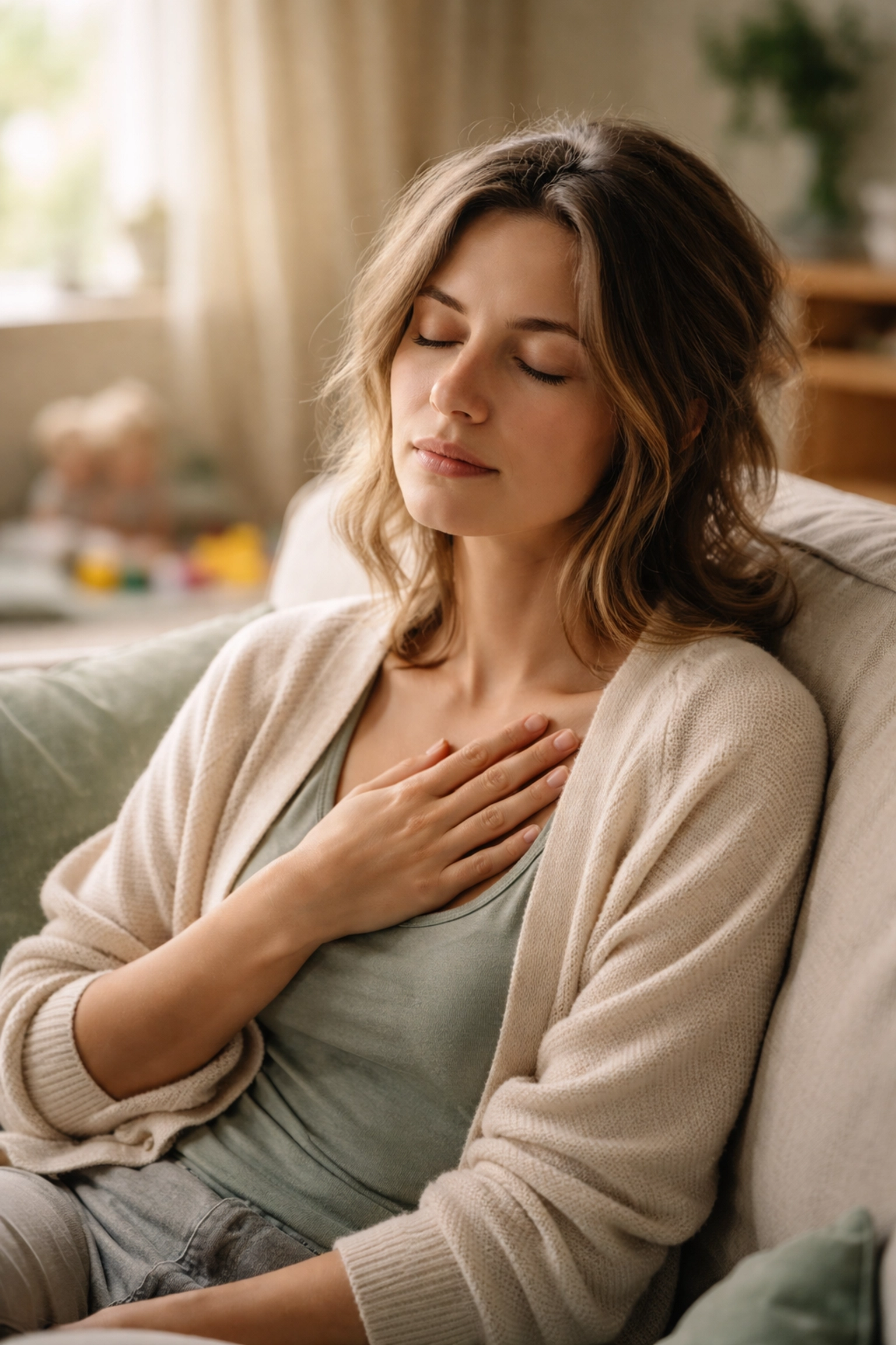 Mother resting on couch with eyes closed, practicing vagus nerve relaxation surrounded by family life