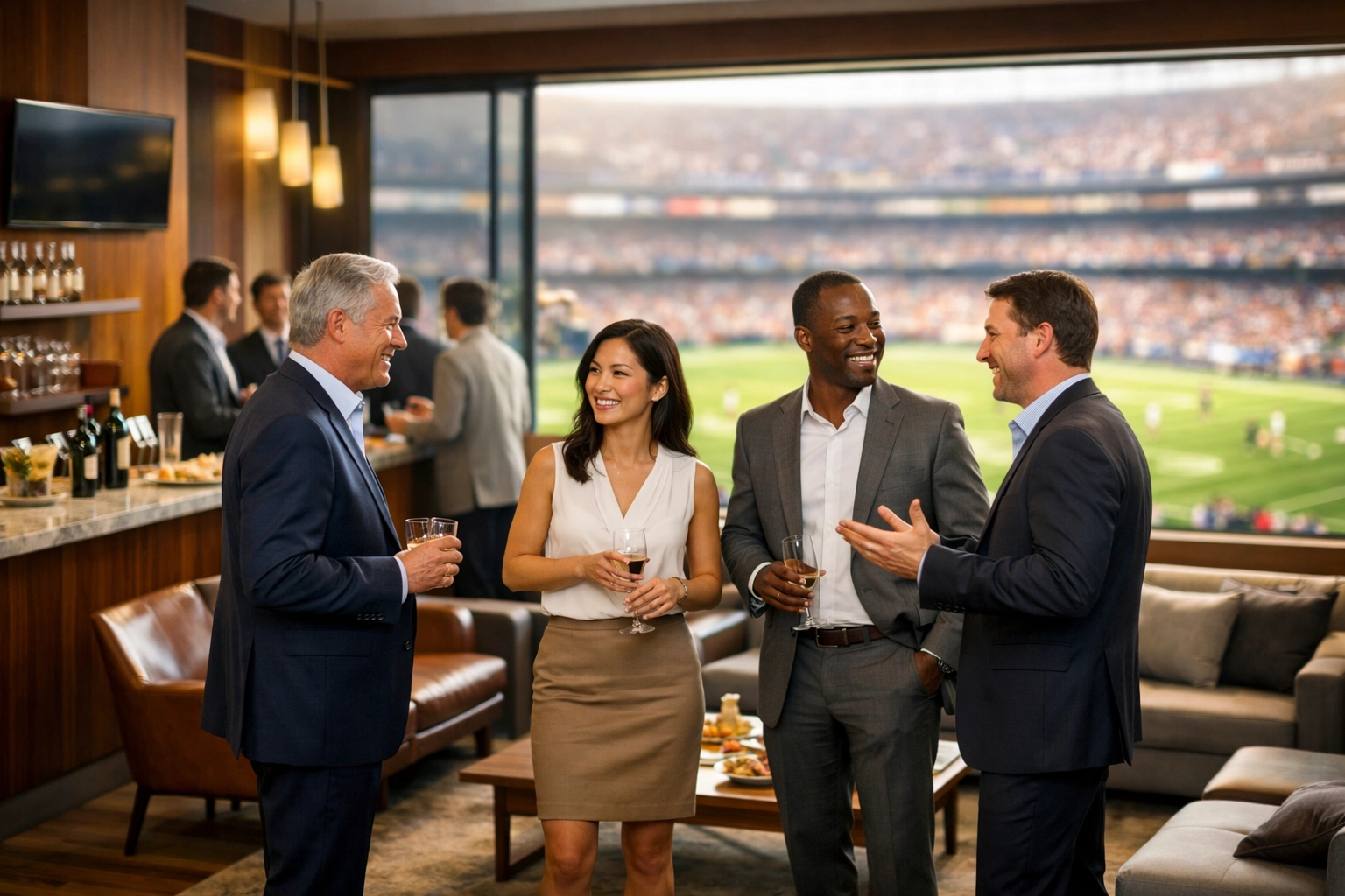 Business professionals networking in a luxury stadium suite during a Super Bowl event.
