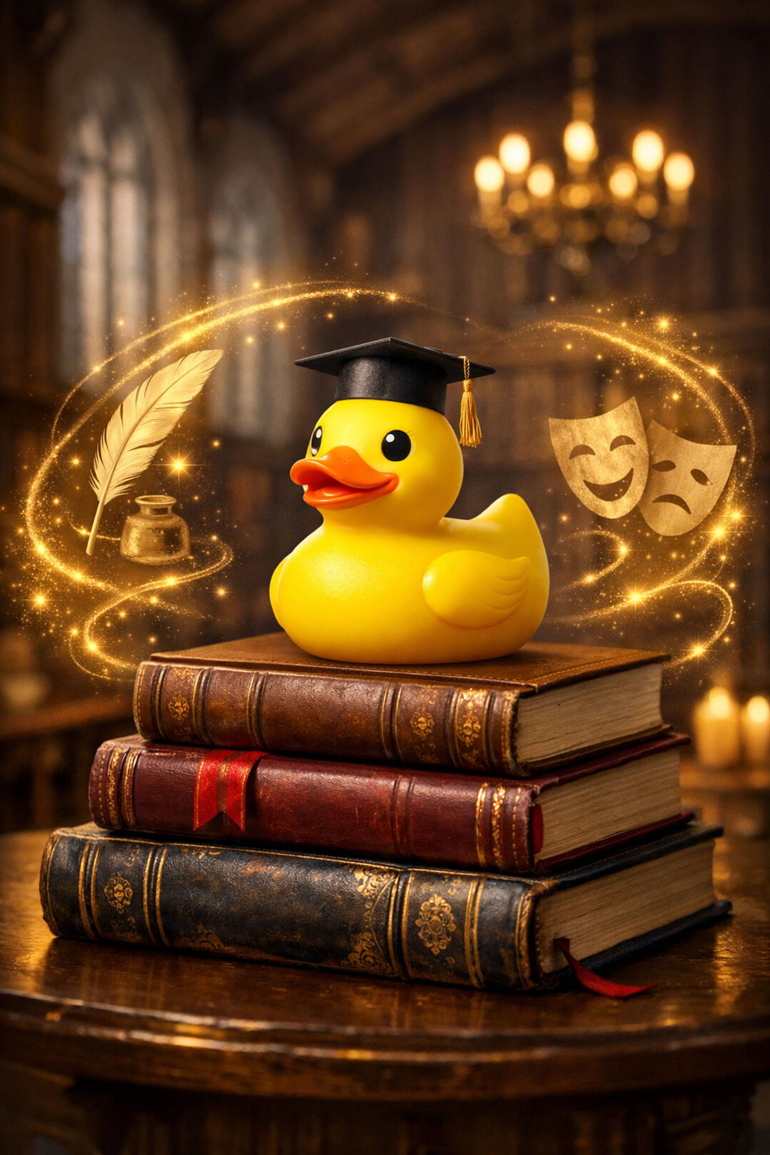 A rubber duck wearing a graduation cap on textbooks, showing a fun A Level study strategy.