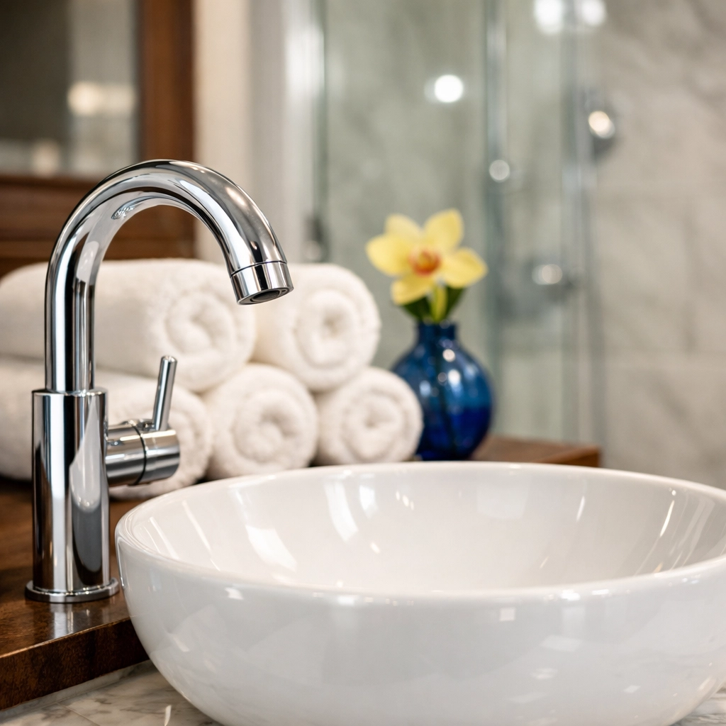 Impeccably clean master bathroom sink and vanity maintained by professional house cleaning.