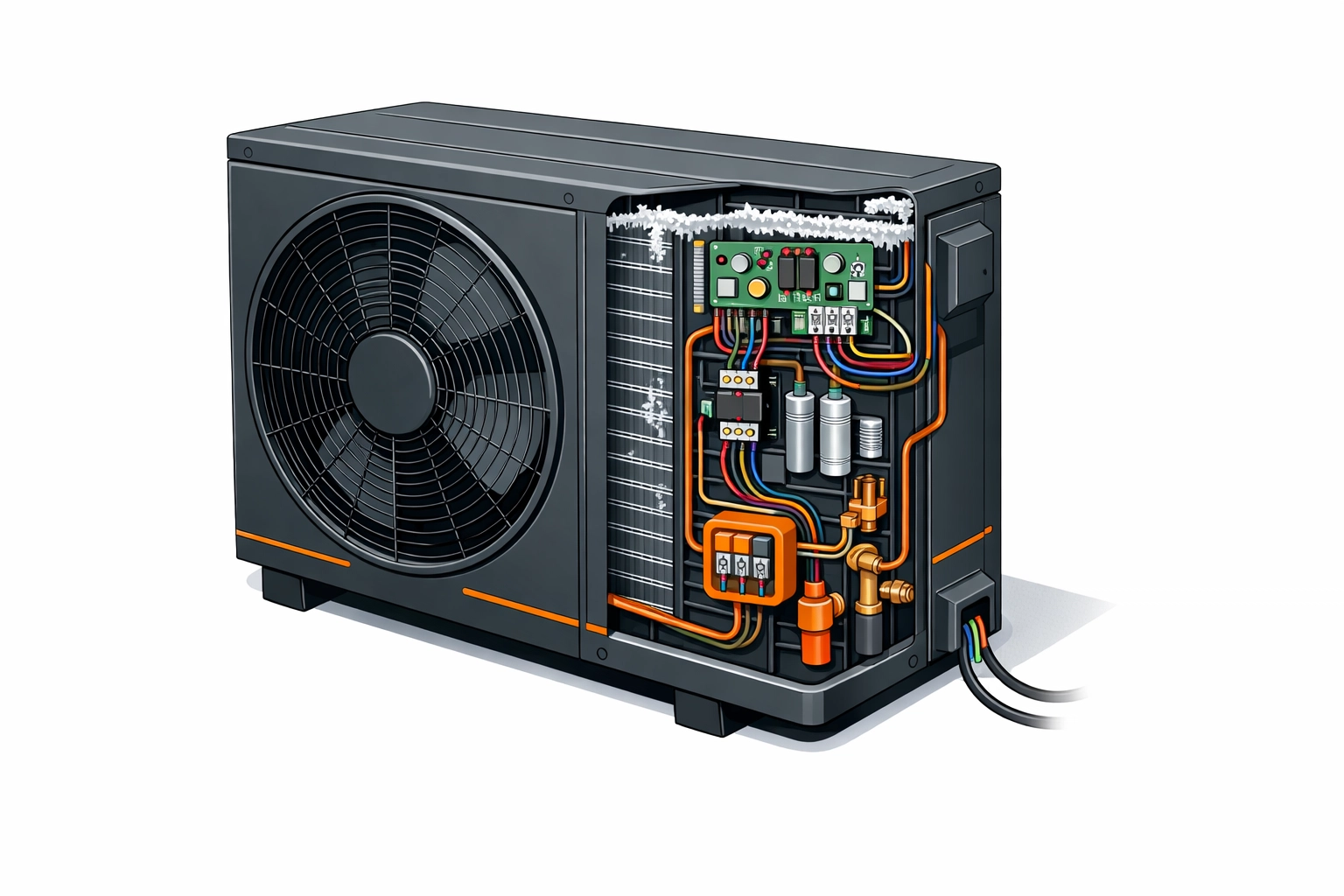Wärmepumpe Außengerät mit elektrischen Komponenten und Frost im Winter