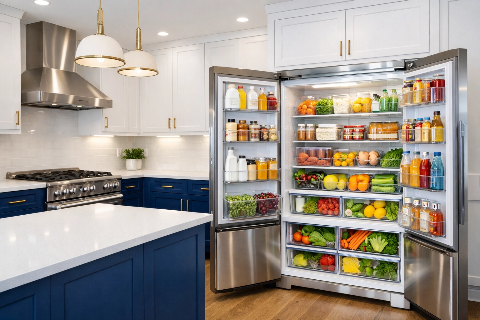 Professional kitchen deep clean featuring an organized refrigerator and sparkling white countertops.