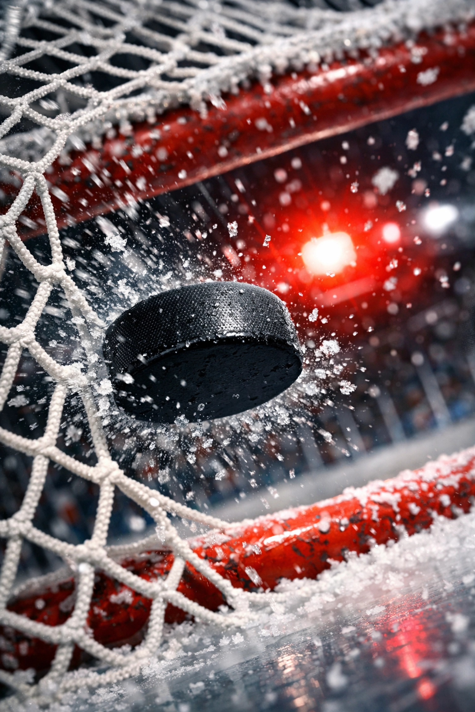 Hockey puck crossing the goal line representing high-scoring NHL game totals and offensive scoring analysis.
