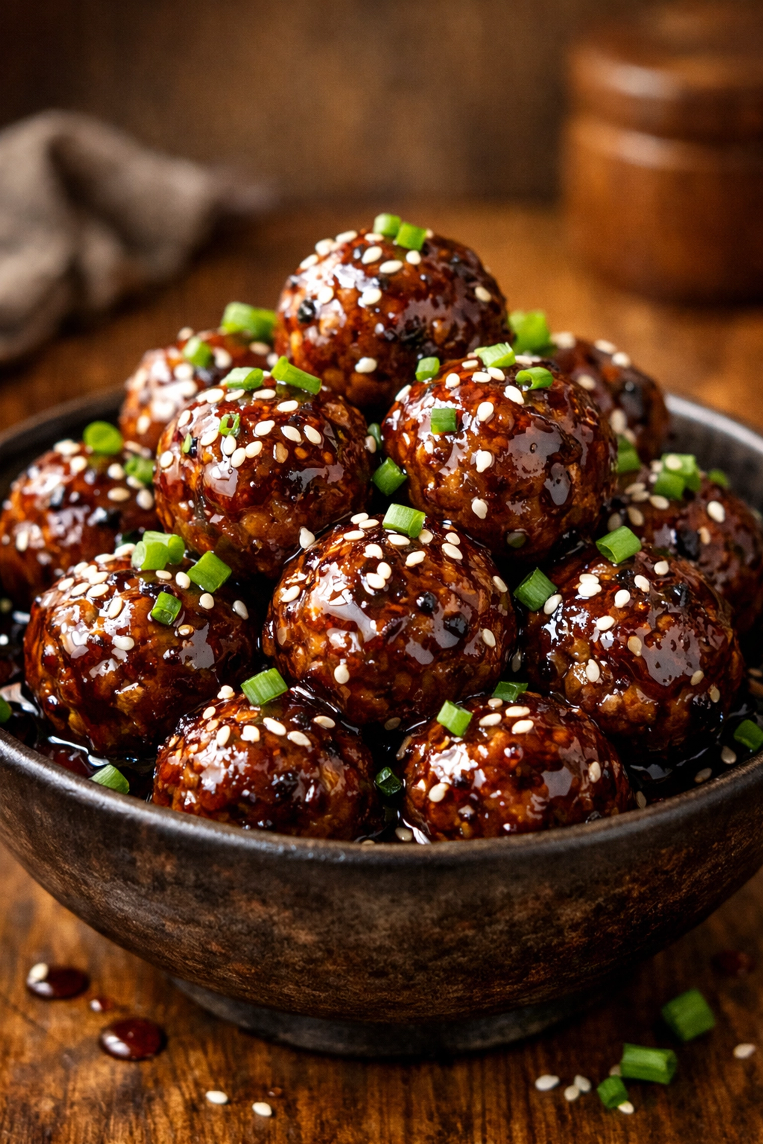 Glazed 5-ingredient honey garlic meatballs in a bowl with sesame seeds, a perfect easy weeknight dinner.