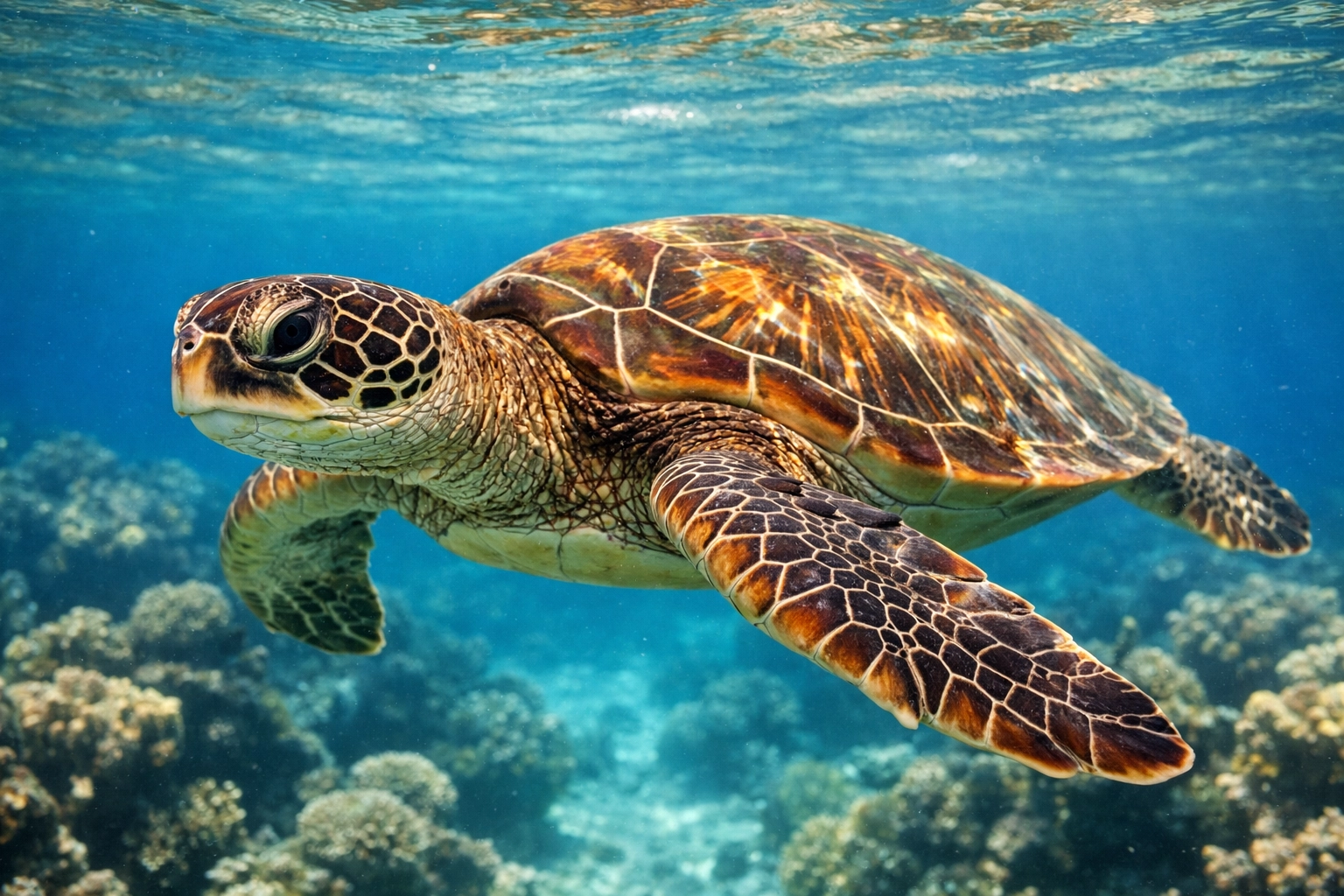 A Green Sea Turtle swimming in clear water, highlighting individual conservation stories.