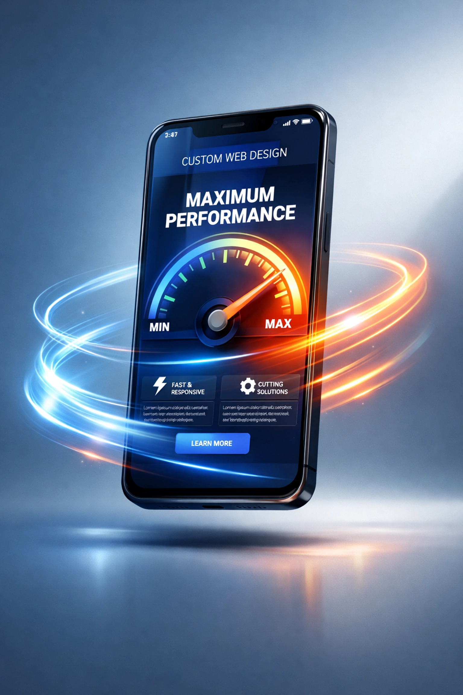 Smartphone showing a fast-loading website with a performance gauge for mobile web design Toronto.