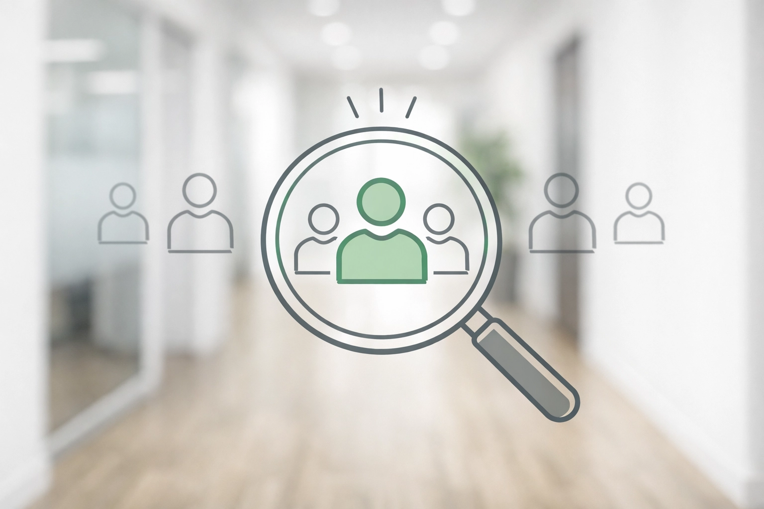 Office corridor with a magnifying glass icon focusing on talent management and strategic recruiting.