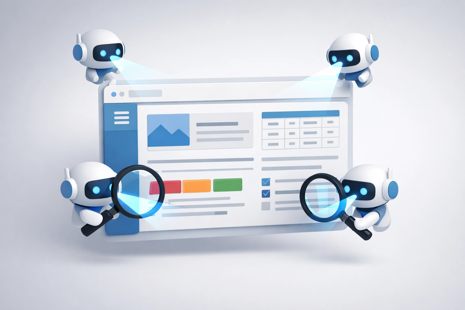 AI agents examining and analyzing website structure, content, and structured data elements