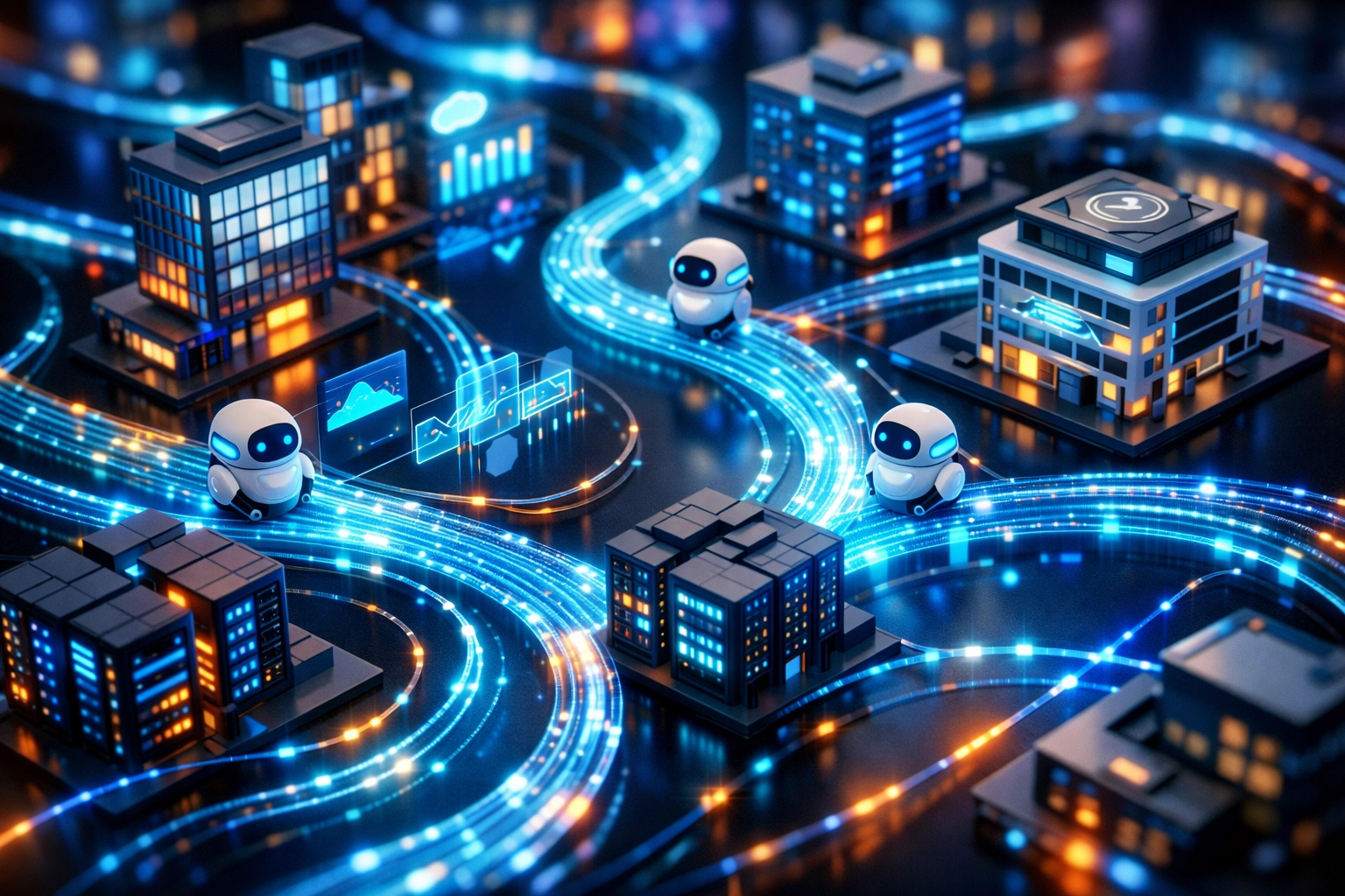 Interconnected business systems showing AI automation and workflow integration across platforms
