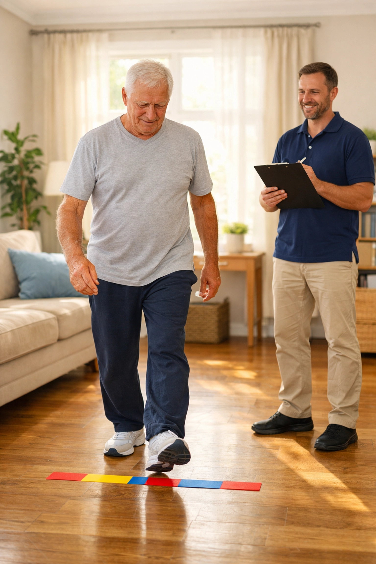 A senior man performs a Timed Up and Go mobility test with a physical therapist in a sunlit living room.