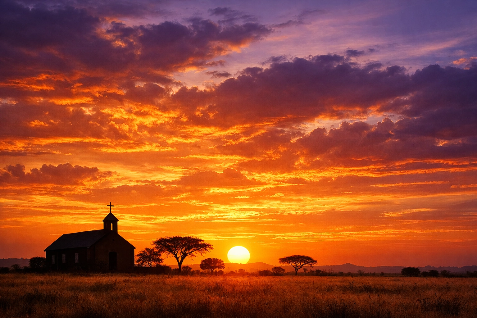 A peaceful sunset over the Nigerian savannah with a church silhouette, representing hope and divine peace.