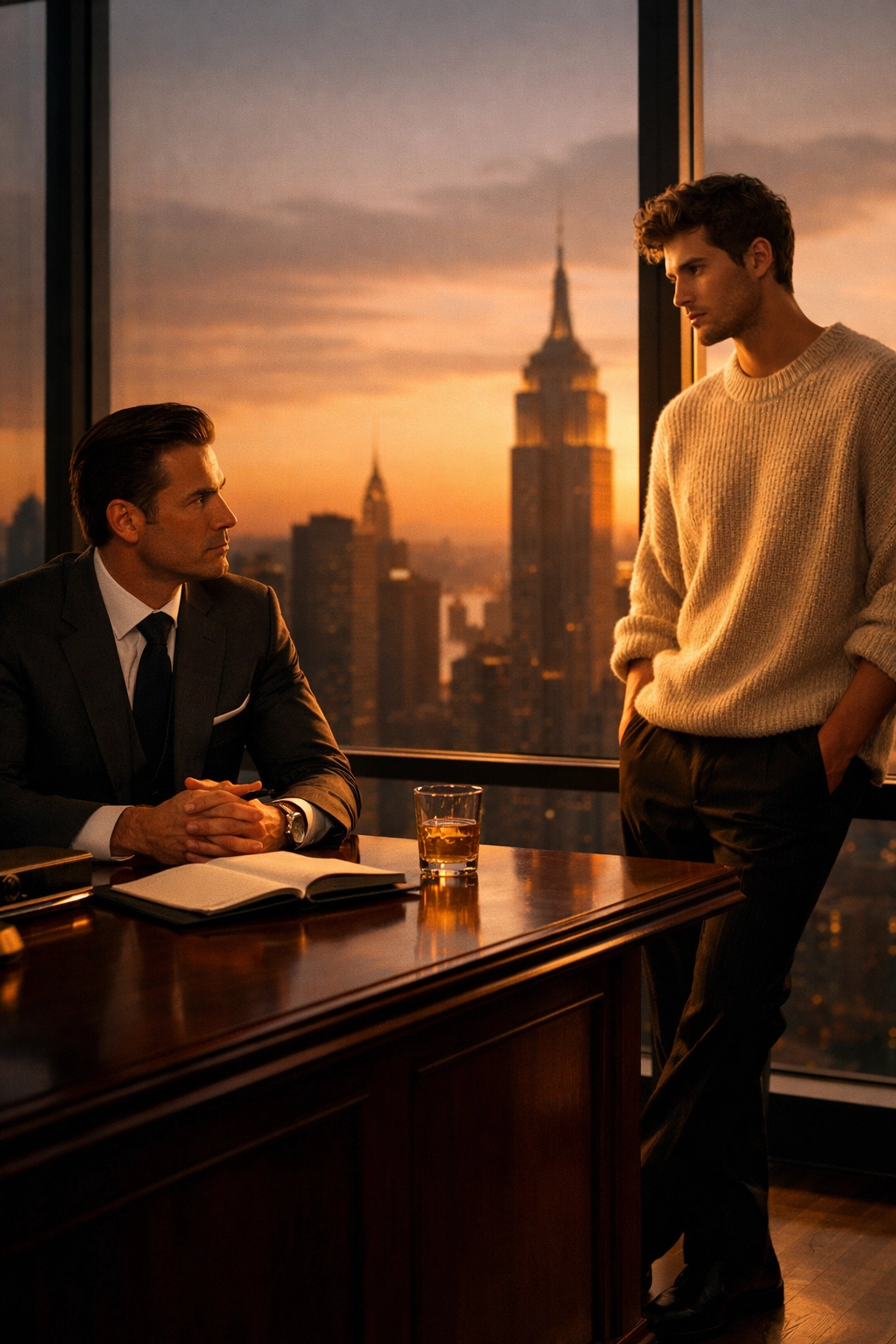 A fashion agent and male model in a luxury New York office, highlighting an MM romance plot.