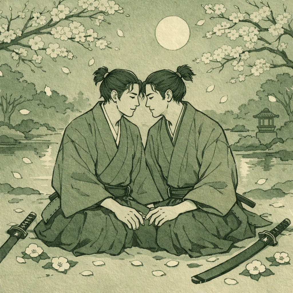 Samurai lovers share a forbidden intimate moment in a moonlit Japanese garden with cherry blossoms