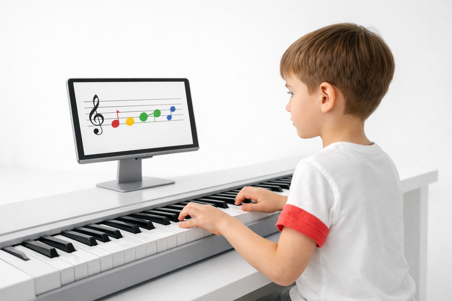 Focused child taking piano lessons for kids using a tablet with interactive music notation.