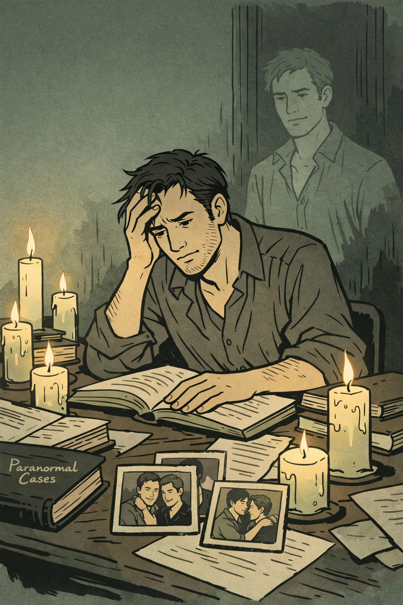 Man researching paranormal activity while ghost lover watches from shadows