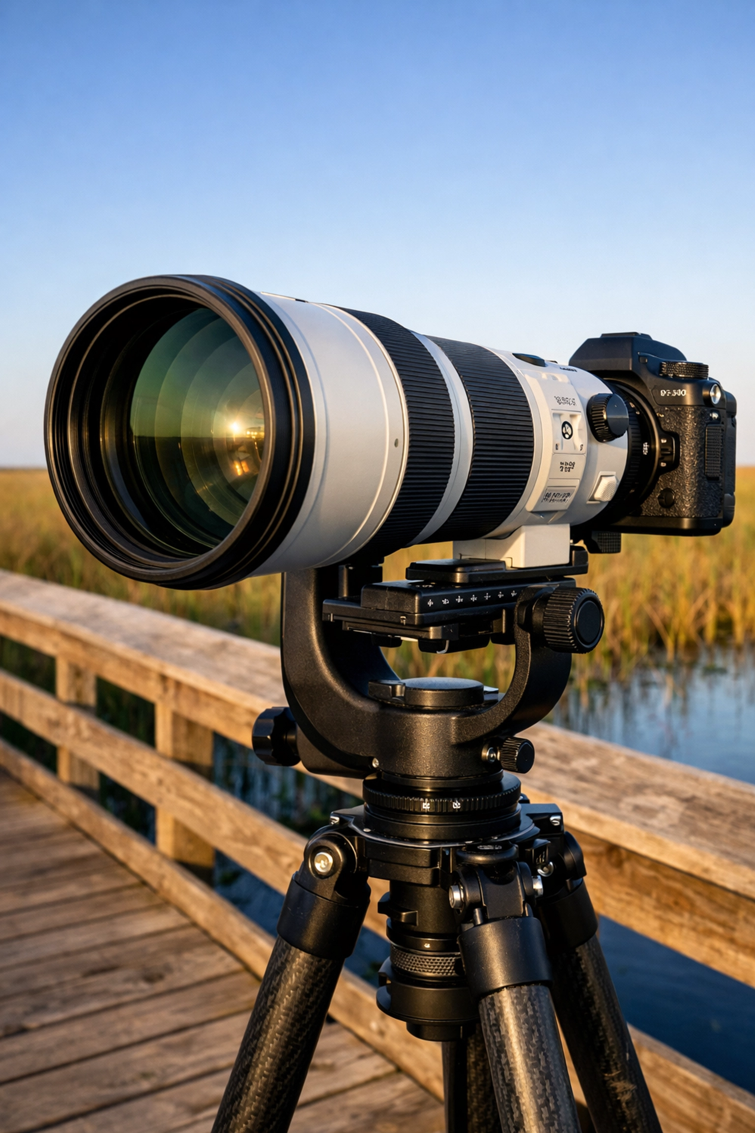 The Ultimate Guide to Everglades Bird Photography: Everything You Need to Succeed 2 A telephoto lens and camera setup on an Everglades boardwalk, part of essential bird photography gear.