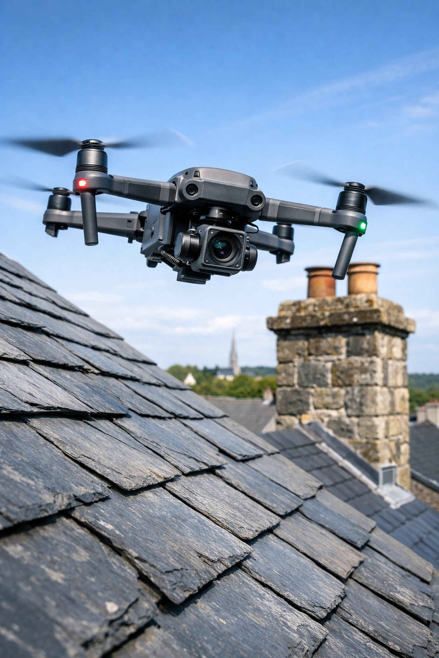 Advanced drone roof survey in Armagh performing a precision inspection of traditional slates and chimneys.