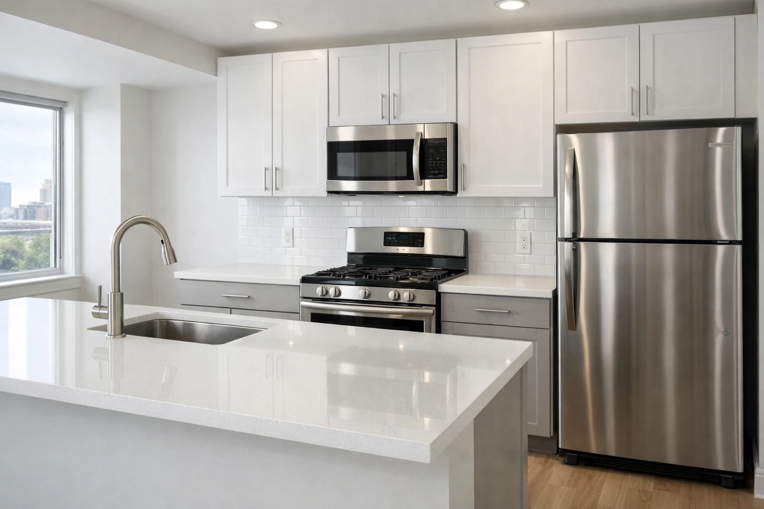 Spotless move-in ready apartment kitchen in Detroit with gleaming stainless steel appliances.