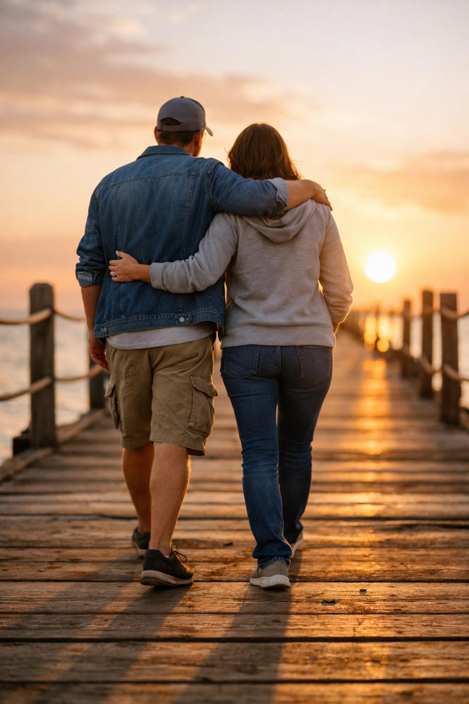 Two people walking on a pier, showing the supportive partnership of a burnout recovery health coach.