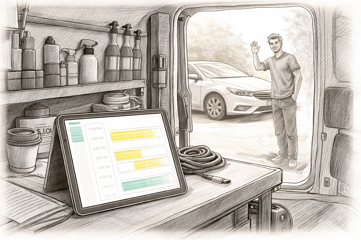 Organized mobile detailing workspace with digital booking calendar and happy customer, showing instant booking ease.
