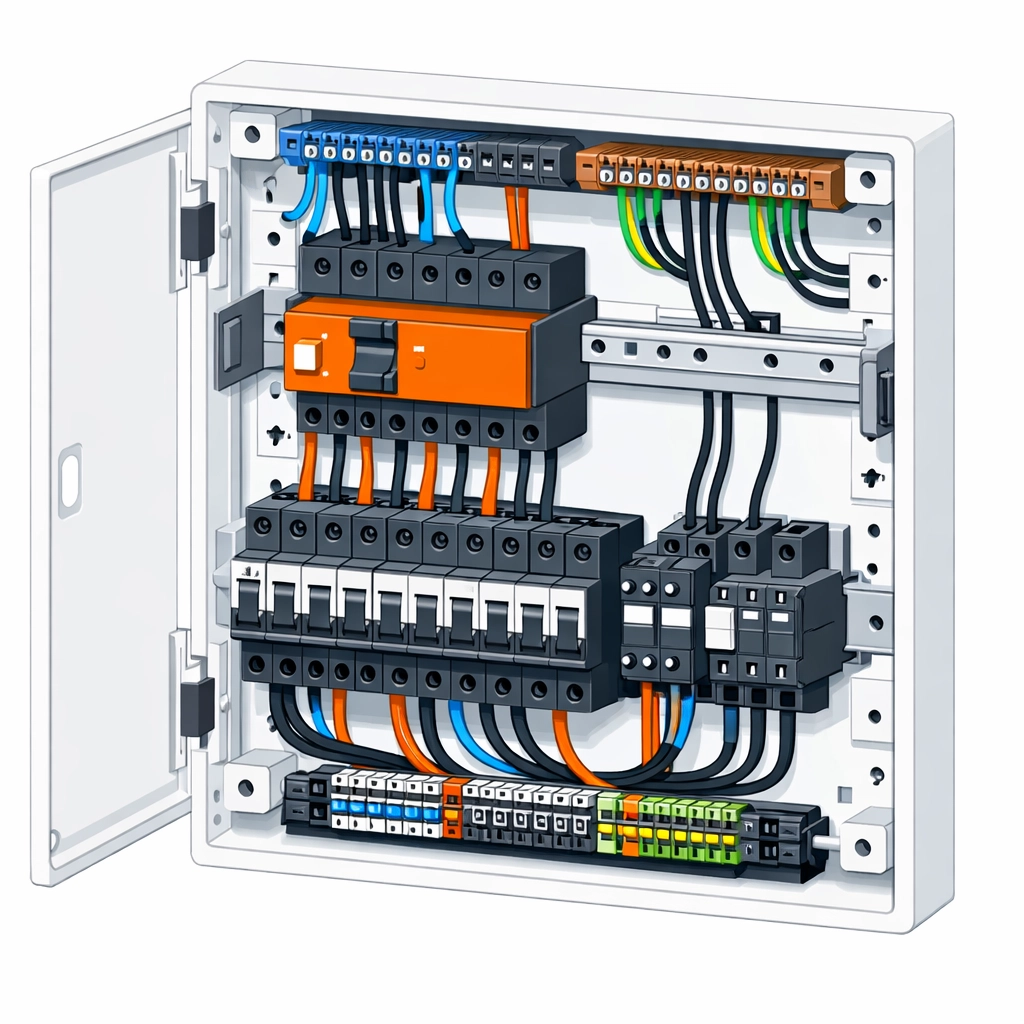 Moderner Verteilerkasten mit FI-Schutzschalter nach einem professionellen Umbau durch Elektriker.