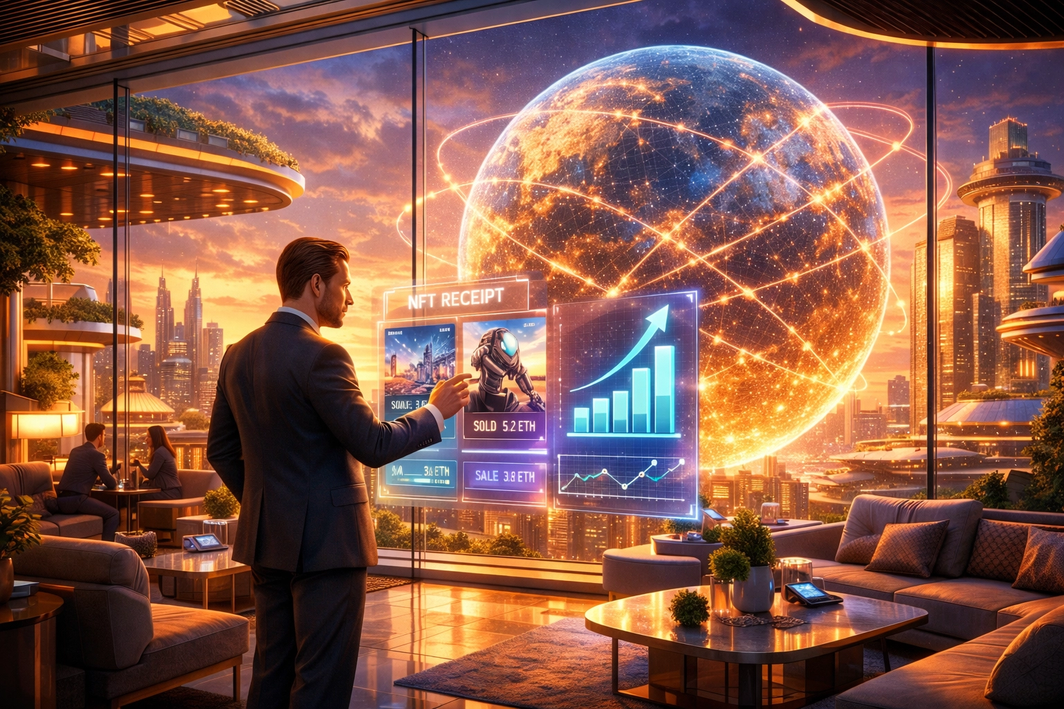 A futuristic merchant managing global NFT receipts and Web3 payments through a digital interface.