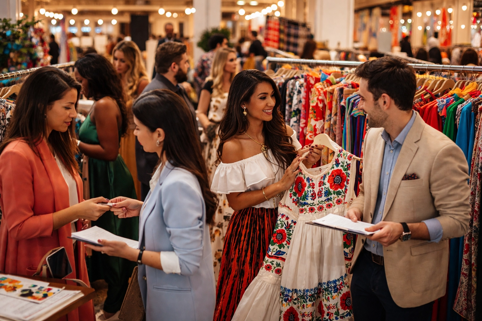 Latino and Hispanic designers networking with buyers at a lively U.S. fashion trade show