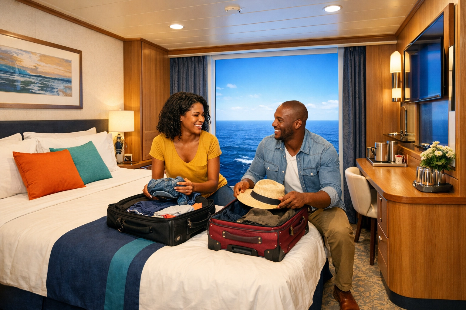 Modern cruise ship interior cabin with couple unpacking and virtual balcony screen