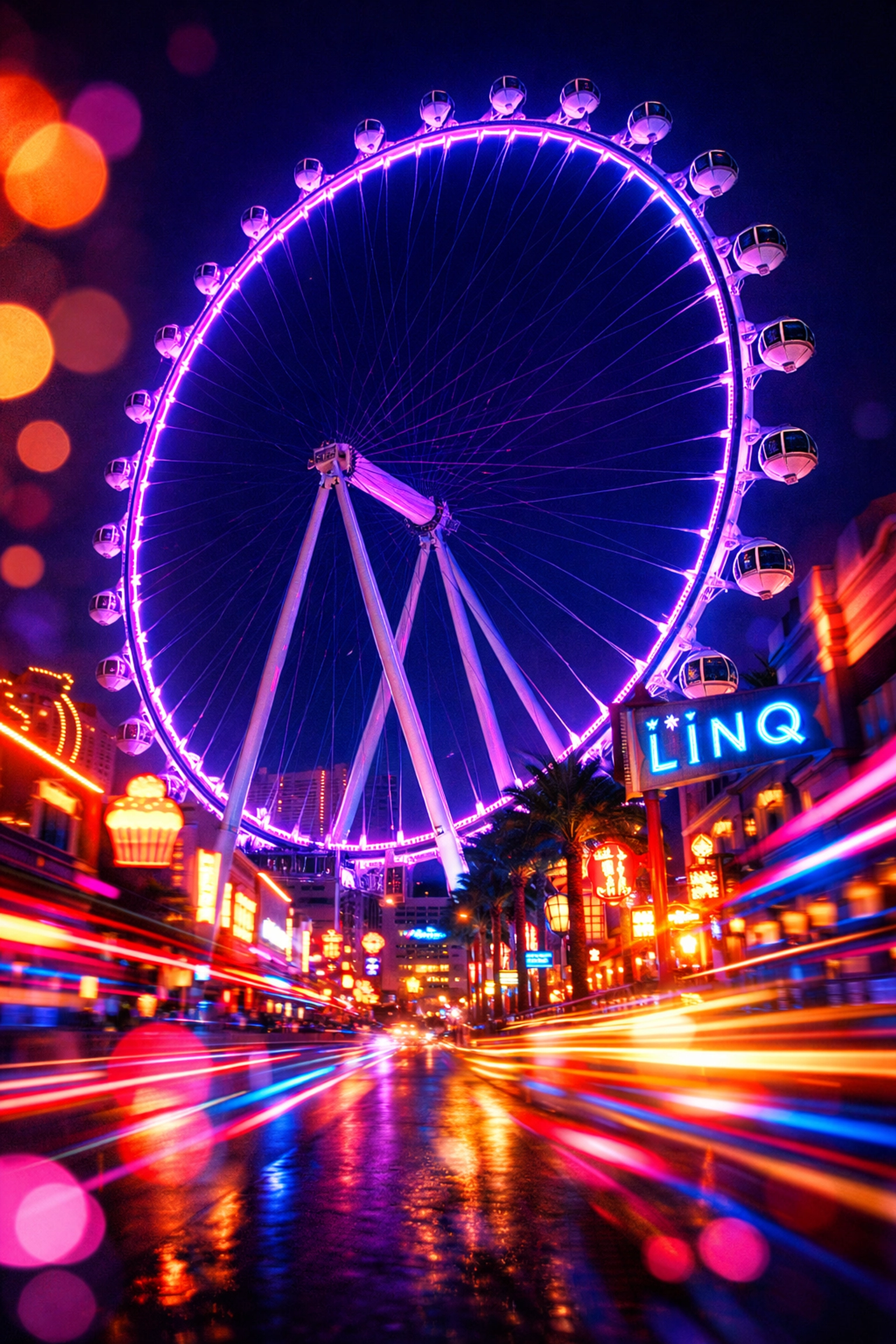High Roller observation wheel illuminated at night with neon lights on the Las Vegas Strip