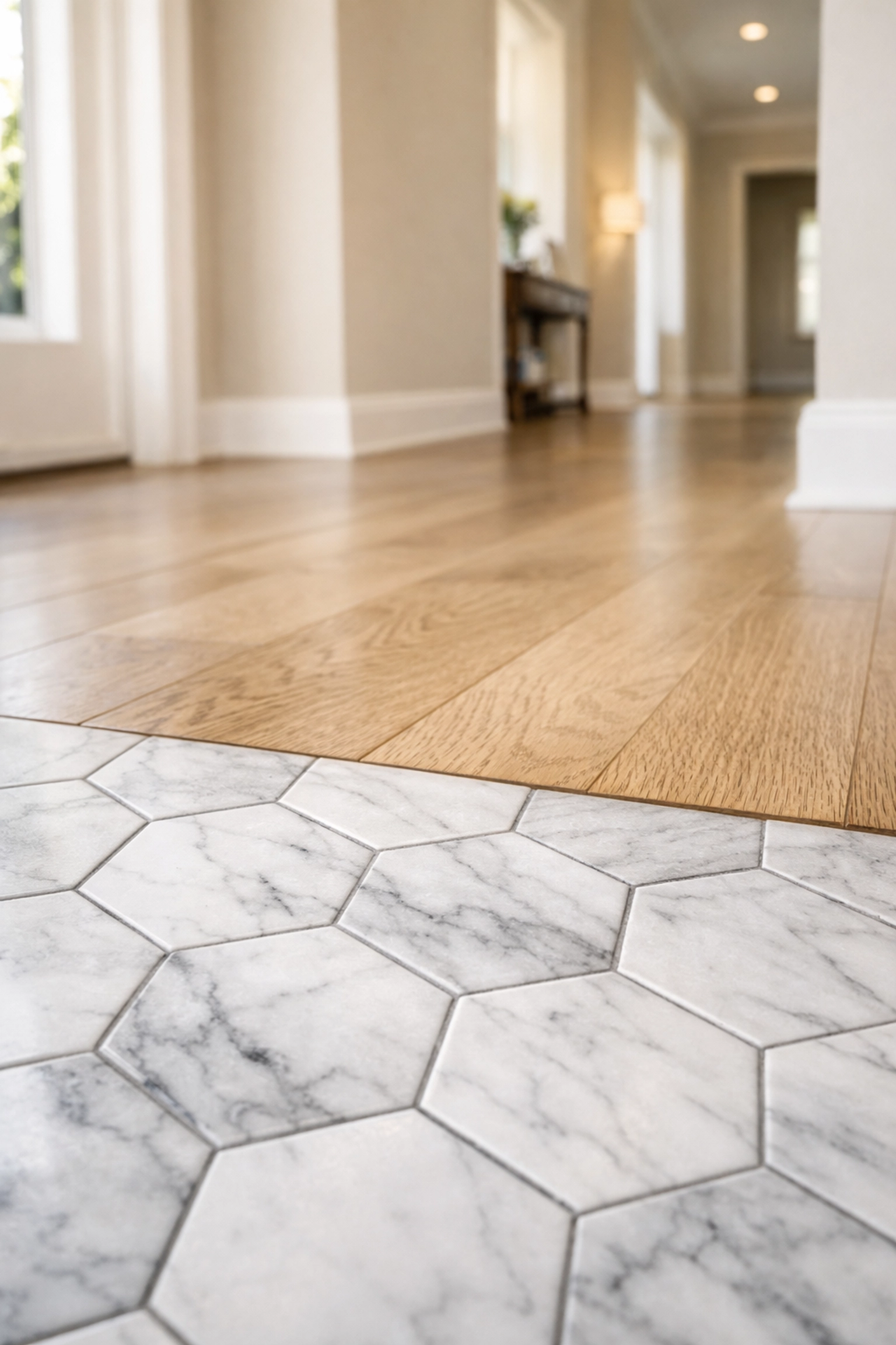 Professional tile installation and flooring transition between marble tiles and hardwood in an Orlando home.