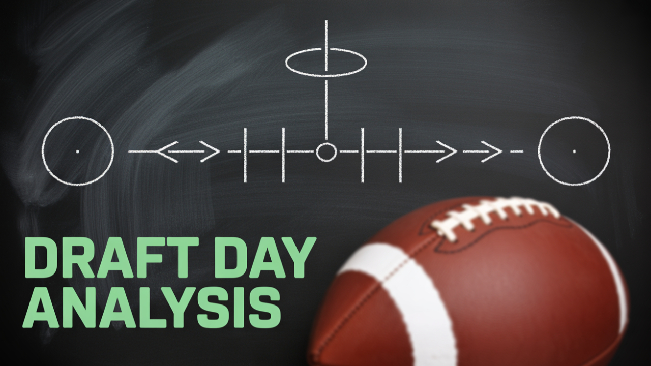 Draft Day Analysis Football play diagram on a chalkboard, an American football in the foreground, and the words 