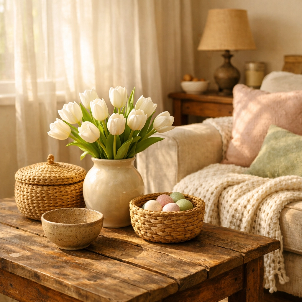 Handcrafted spring decor with ceramic vase and woven baskets on wooden coffee table in bright living room