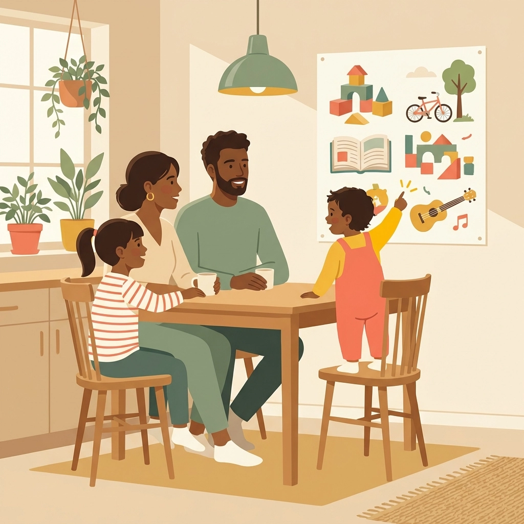 Diverse family exploring a child's favorite activities at a kitchen table, showing individualized positive behavior support.