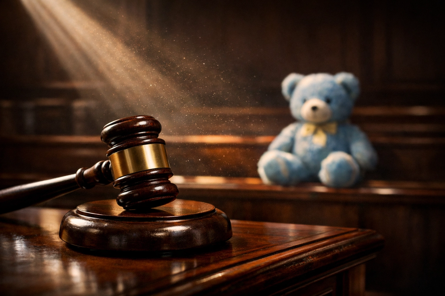 A judge's gavel and a child's teddy bear representing a Florida court deciding on legal guardianship.