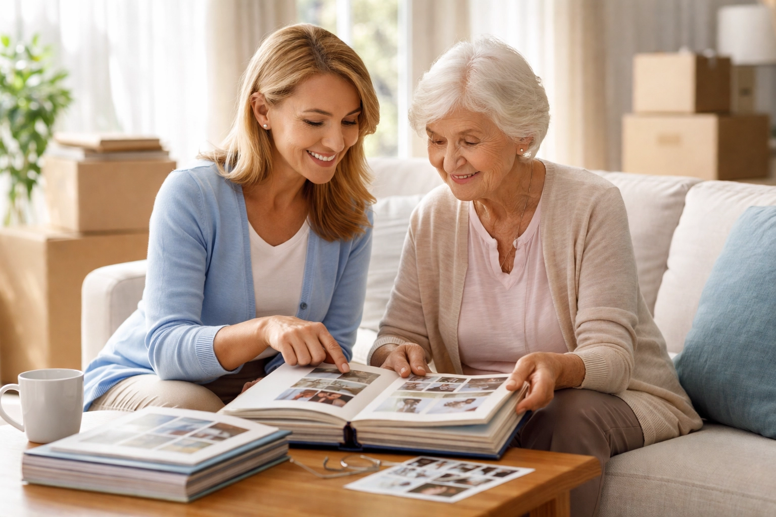 A caregiver assists a smiling senior woman with family photos in a bright living room, representing compassionate Caring Transitions downsizing services.