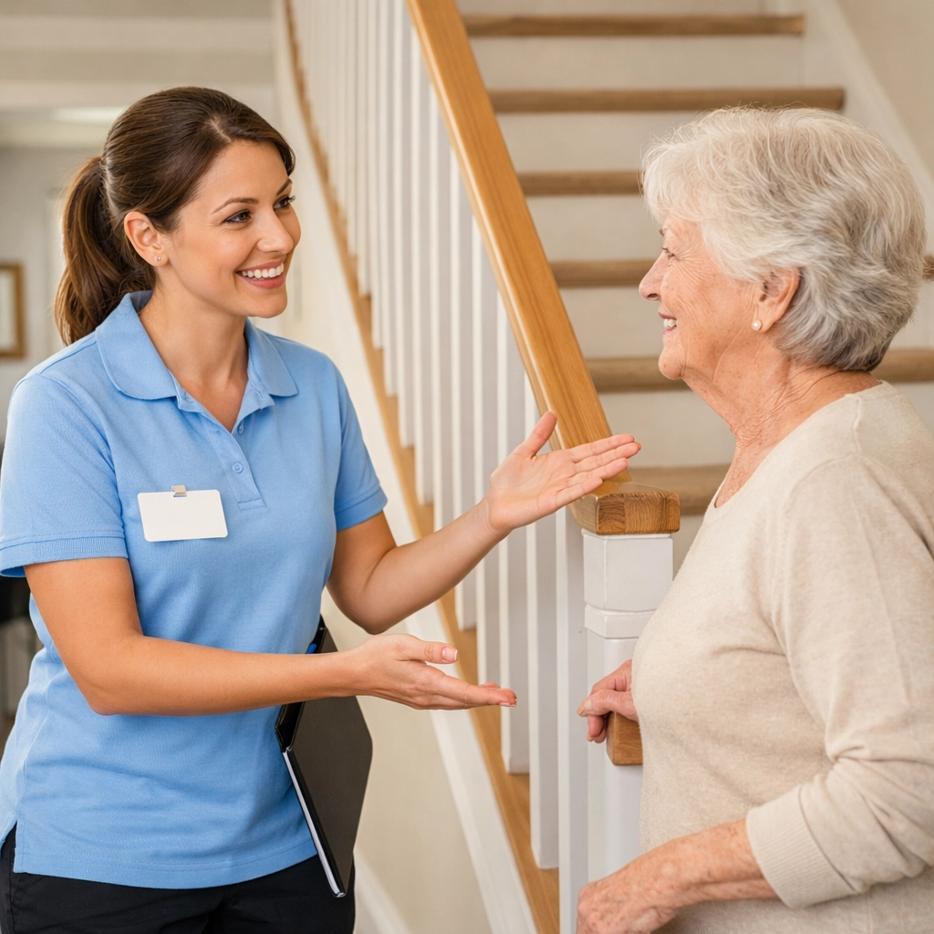 A physical therapist discussing home stair safety and mobility with a senior woman.