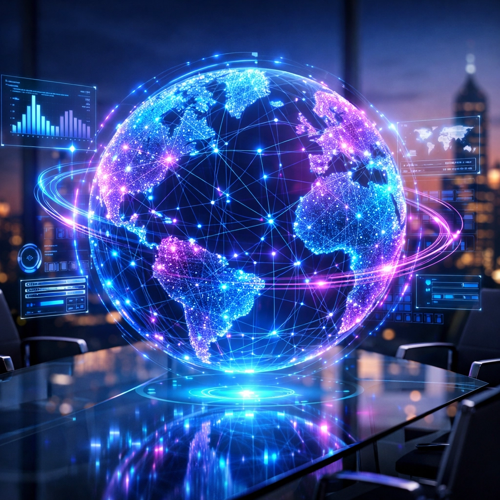 Digitales Datennetzwerk und Weltkugel als Symbol für den AI-Readiness Check im Management.