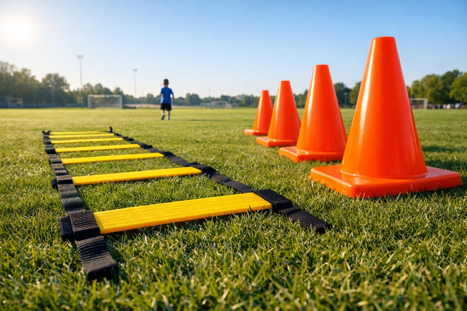 Essential youth sports equipment including a yellow agility ladder and orange training cones on a field.