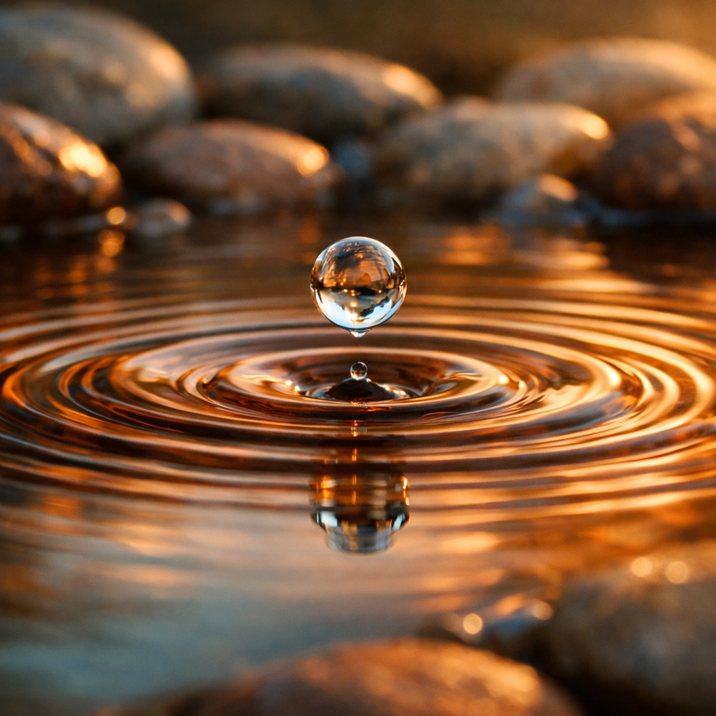 A water droplet creating ripples on a still pond, symbolizing the impact of core wounds and emotional patterns.