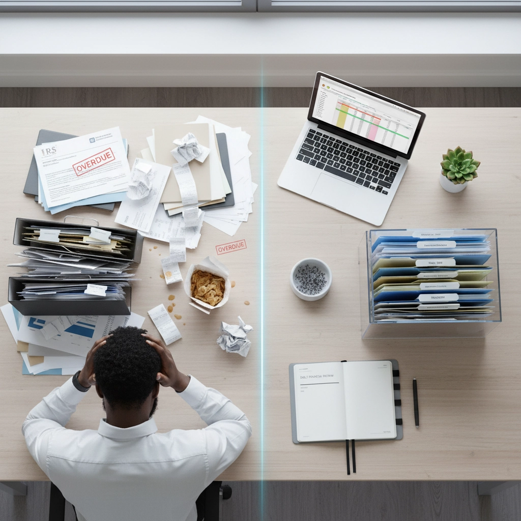 Top-down view showing the contrast between a stressed business owner with cluttered paperwork and a professional, streamlined accounting system.