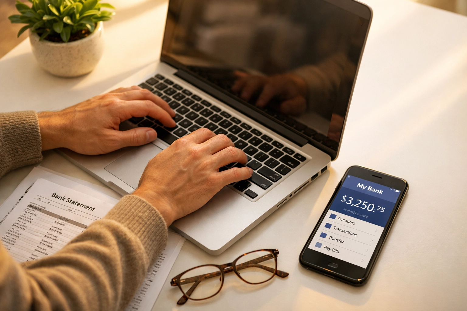 Business owner reconciling bank statements in QuickBooks using laptop and mobile banking app