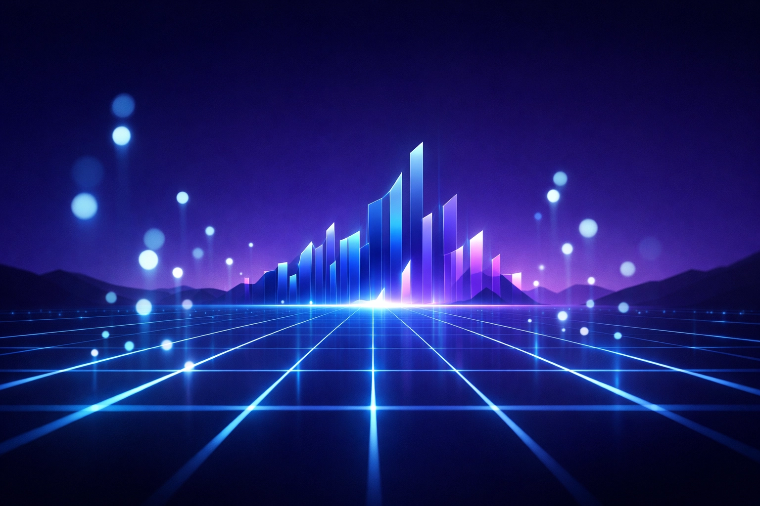 Neon digital landscape representing high-speed AI SEO strategies and rising search engine rankings.