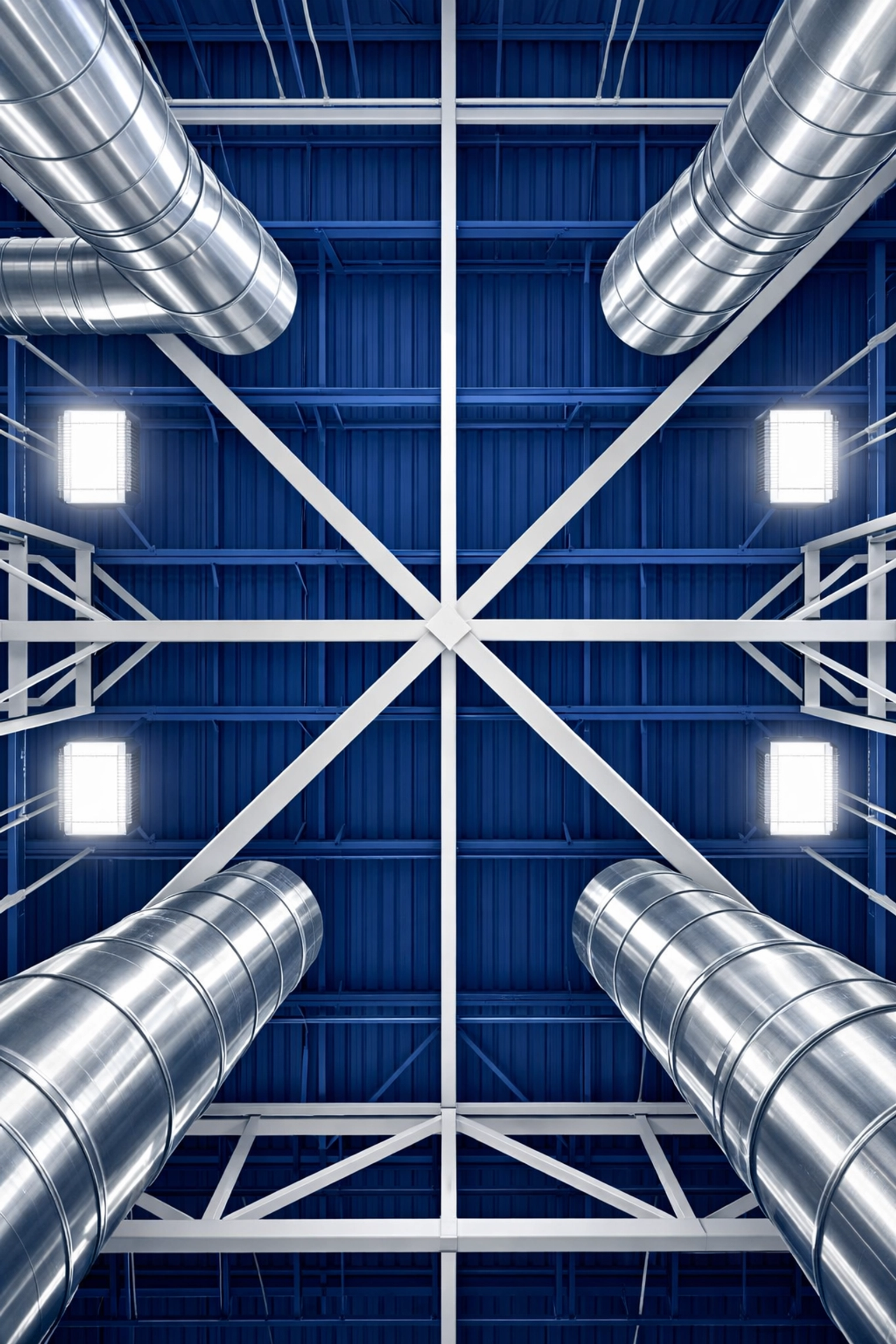 High-level dusting of industrial ductwork and ceiling rafters in a Medford distribution center.