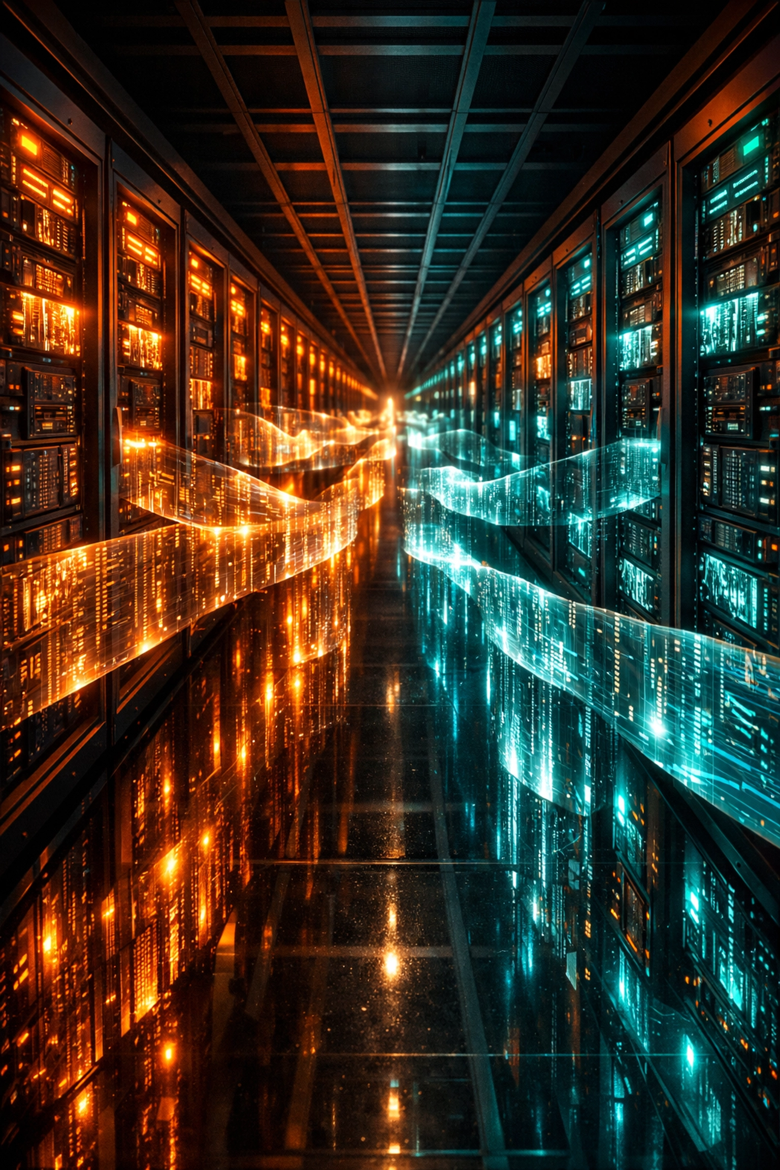 Futuristic data center with glowing GPU clusters powering India's AI infrastructure and large language models.