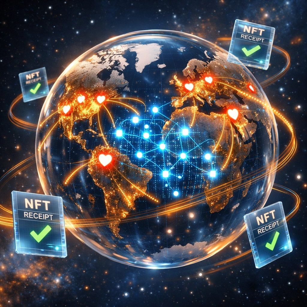 Global charitable donation network with blockchain verification and NFT receipts