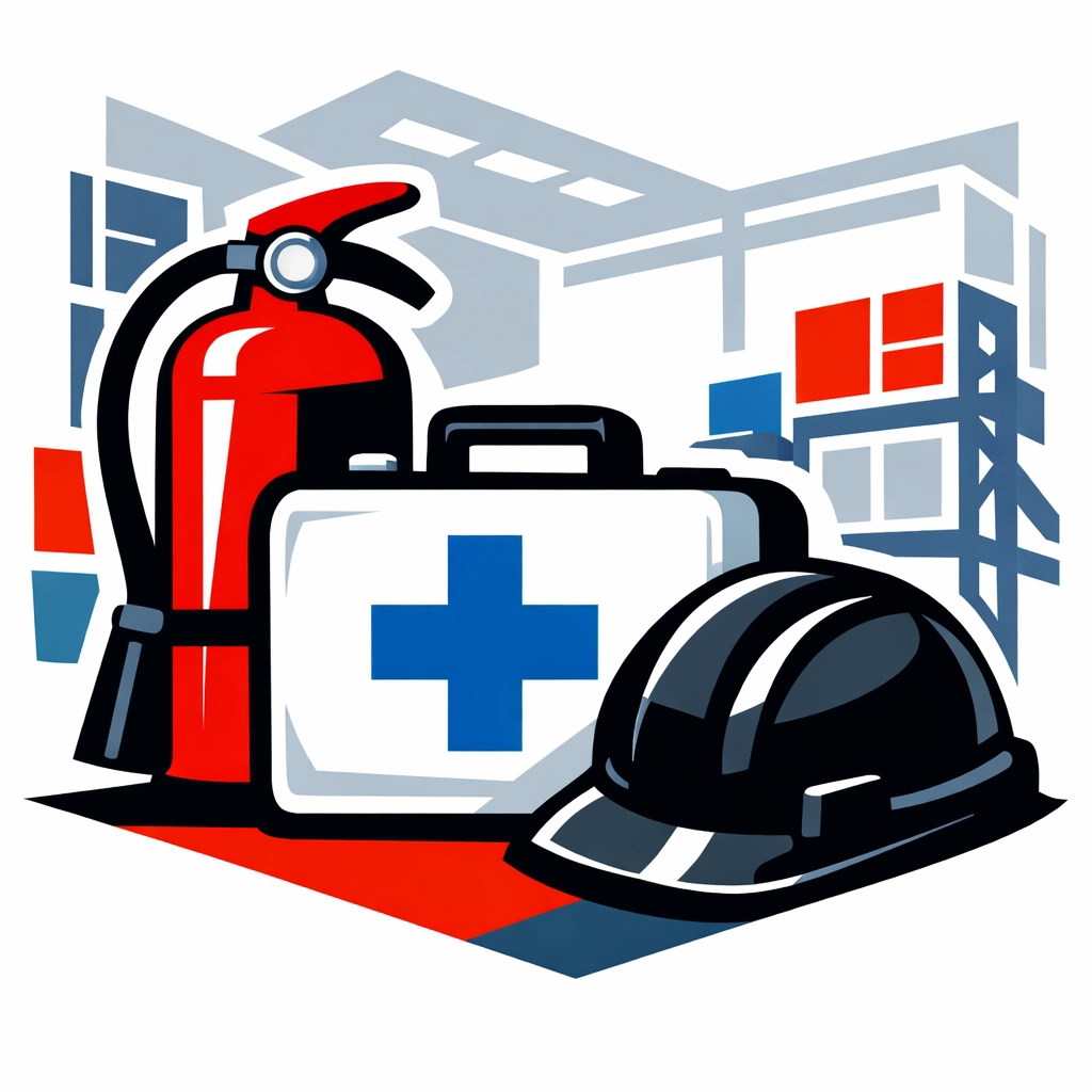 First aid kit and fire safety equipment representing workplace safety and fire marshal training courses.