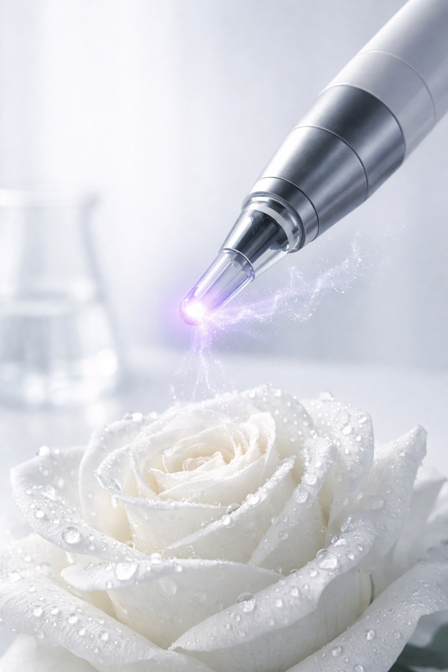 Cold Atmospheric Plasma device emitting a violet glow for non-invasive skin regeneration and barrier repair.