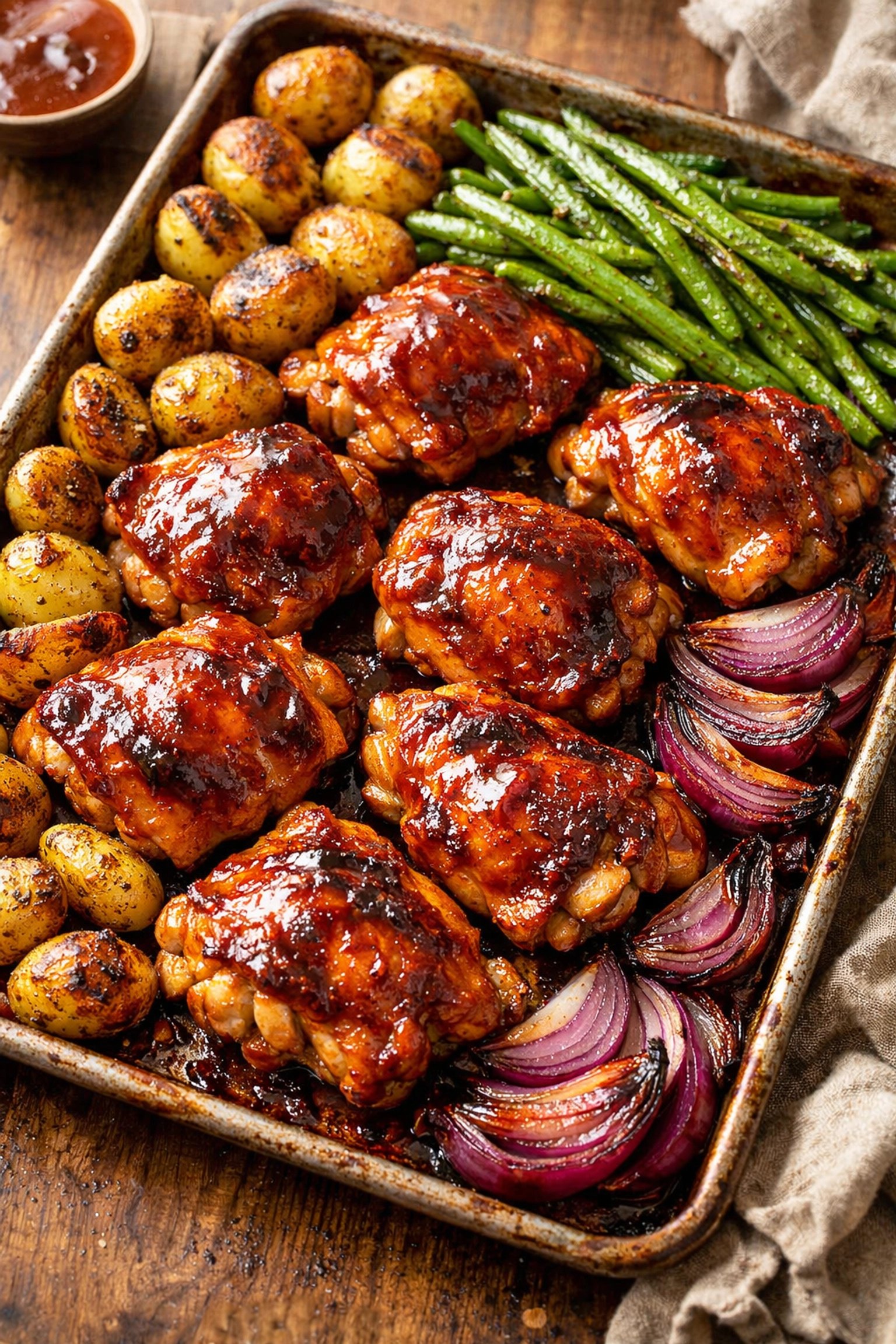 Easy weeknight dinner: sheet pan BBQ chicken thighs with potatoes and green beans